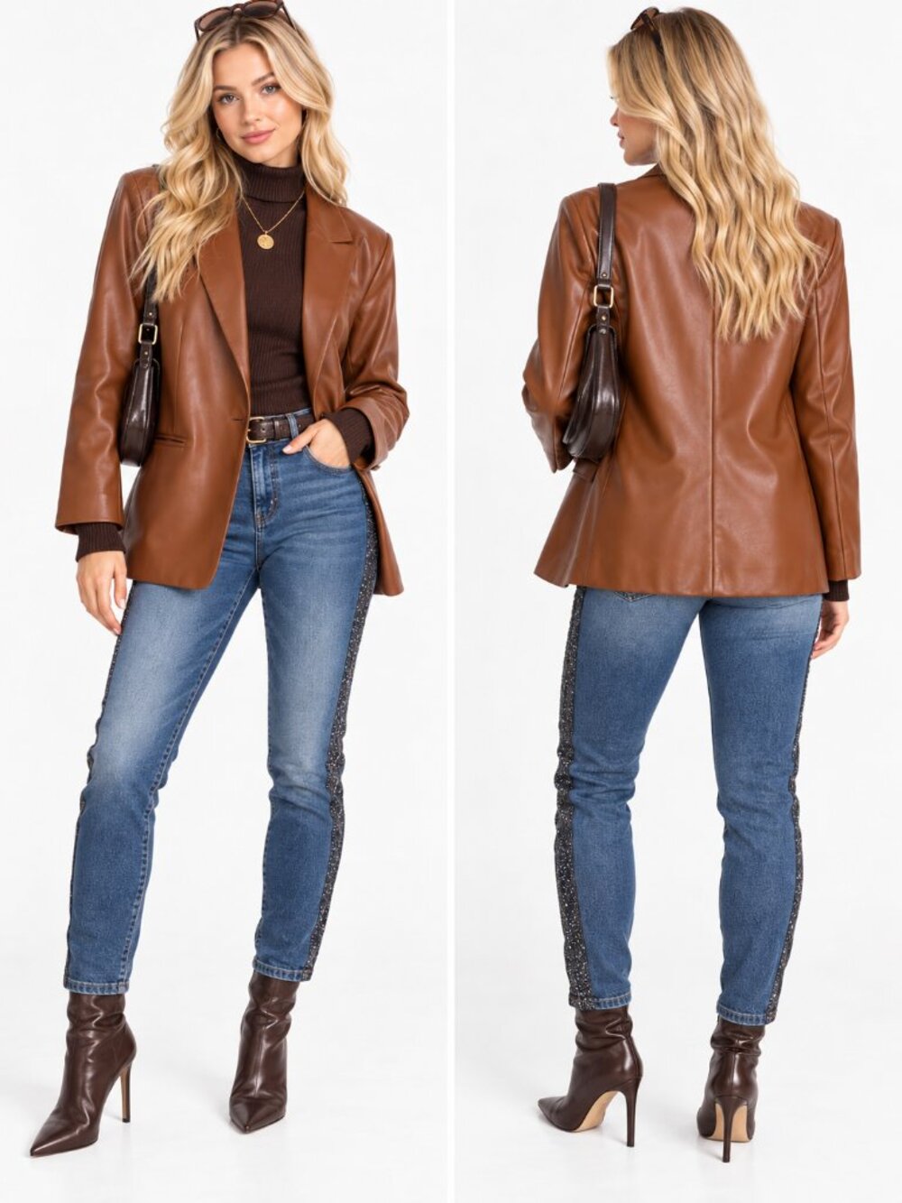 Zara Faux Leather Oversized Blazer Jacket Women Whiskey Brown XS 3046/473 Chic